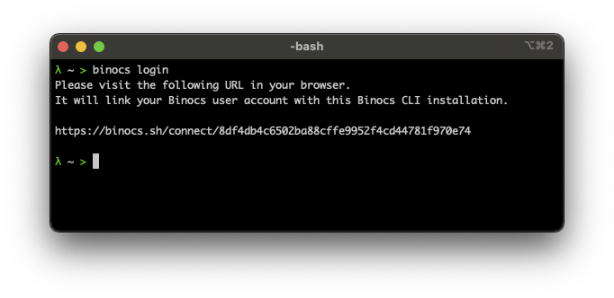 Binocs login output on the command-line